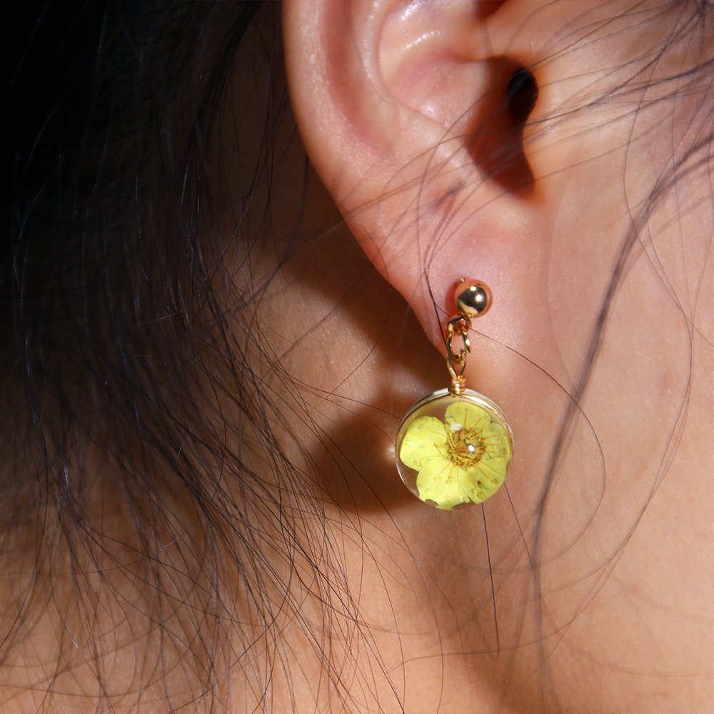 Blue Real Flowers Drop Earring | Yellow Floral Dangle | Real Dried Flower Handmade Jewelry | Resin Art