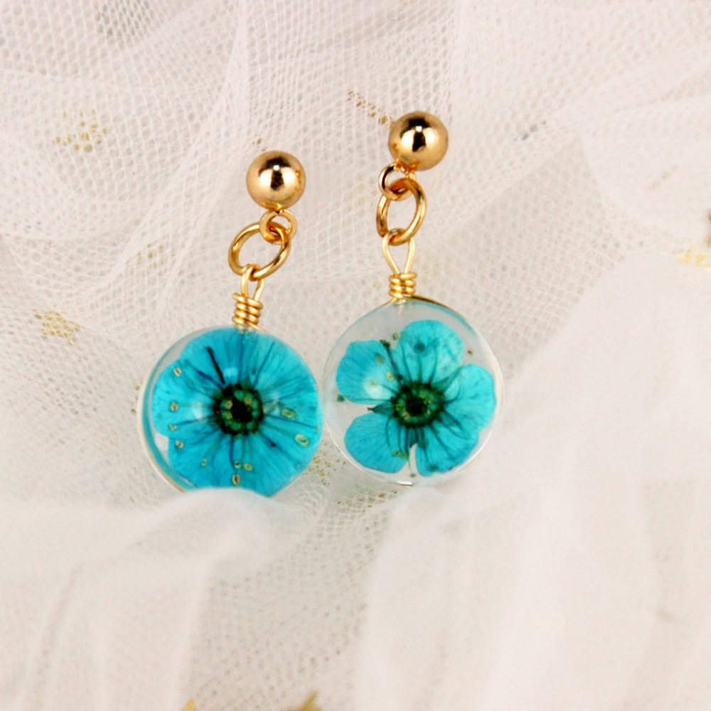 Blue Real Flowers Drop Earring | Yellow Floral Dangle | Real Dried Flower Handmade Jewelry | Resin Art