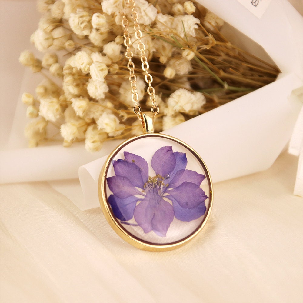 Real Flower Resin Necklace |  Fashion Preserved Flower Pendant | Purple | Pink | White Flower Jewerly | New Job Gift