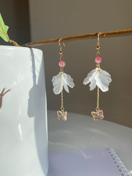 Butterfly With Flower dainty Earring | Mismatched Flower Drop Earrings | Elegant Jewelry | Maid Of Honor Gift