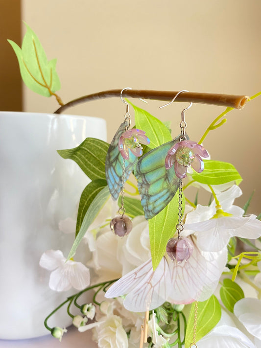 Purple Lily of the Valley with Butterfly Handmade Long Earrings | Organza Fabric Butterfly Wings Earrings | Korea Style Jewelry|