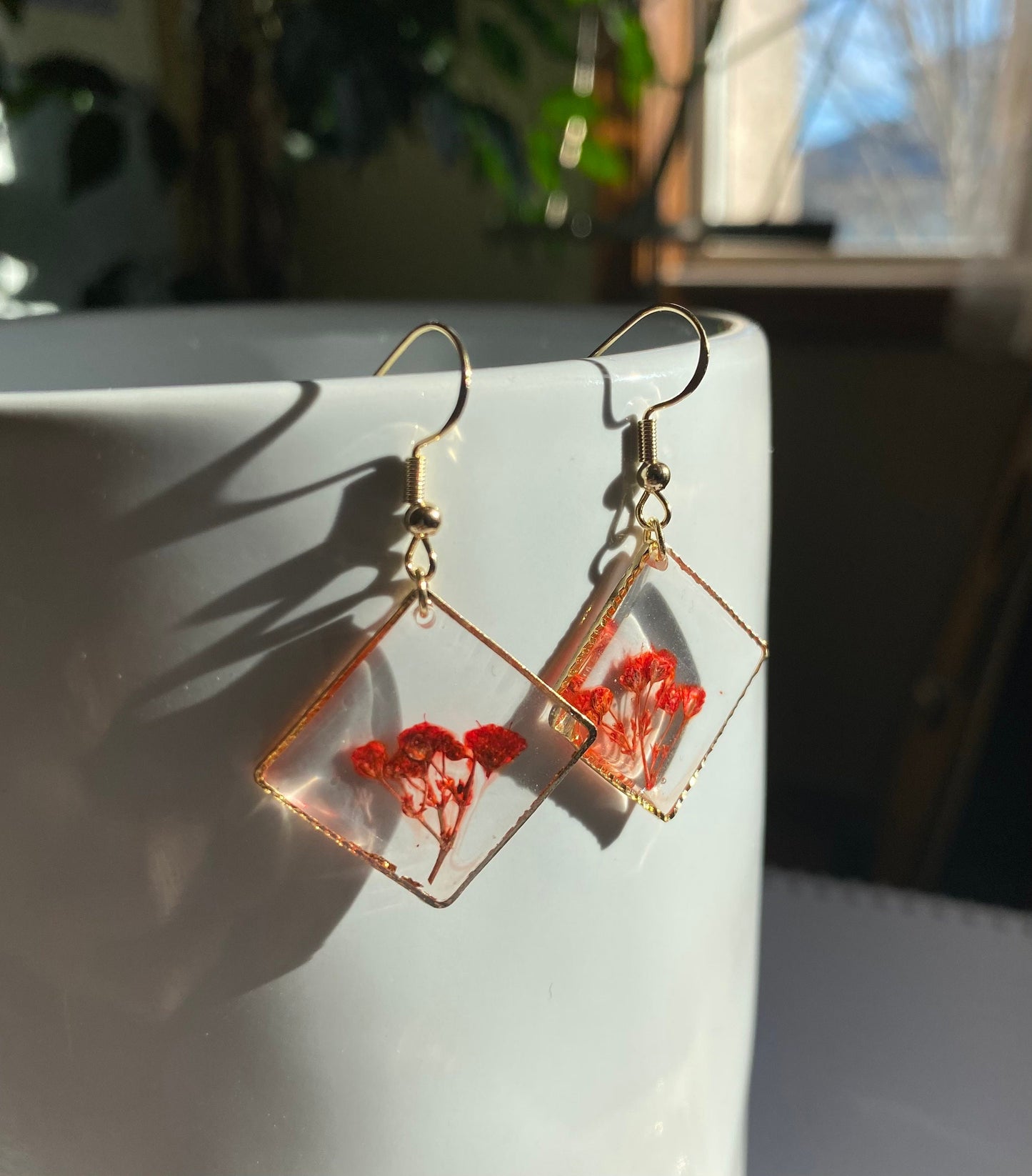 Red Floral Dangle Drop earring | Heart Shape Jewelry | Handmade Resin Pressed Flower Dainty Earrings | Gift for Her