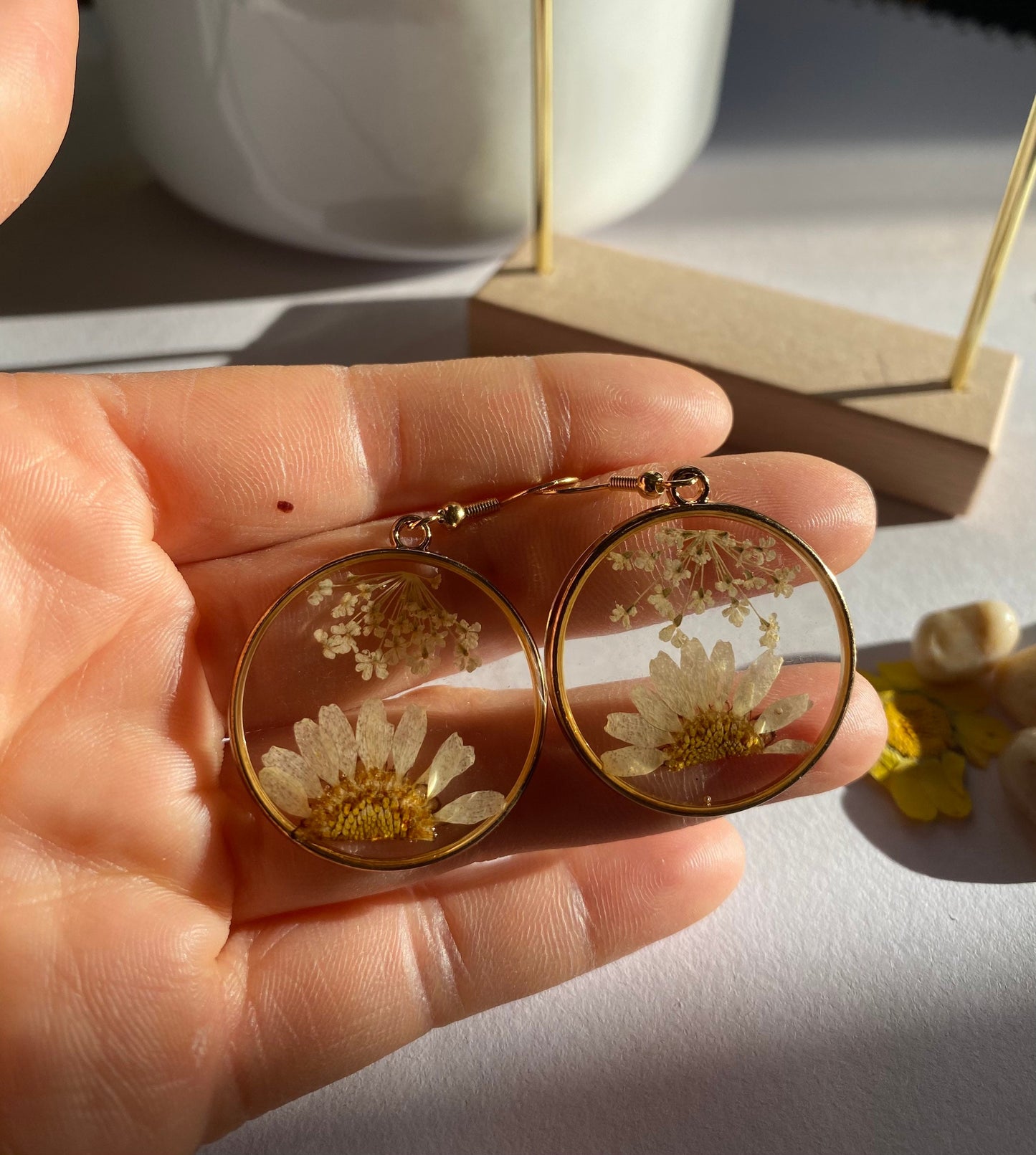 Chrysanthemum Pressed Dried Real Flower Earring | Handmade Resin Jewelry | Real Daisy Qurky April Birth Flower Earring Gift for Her | Woman