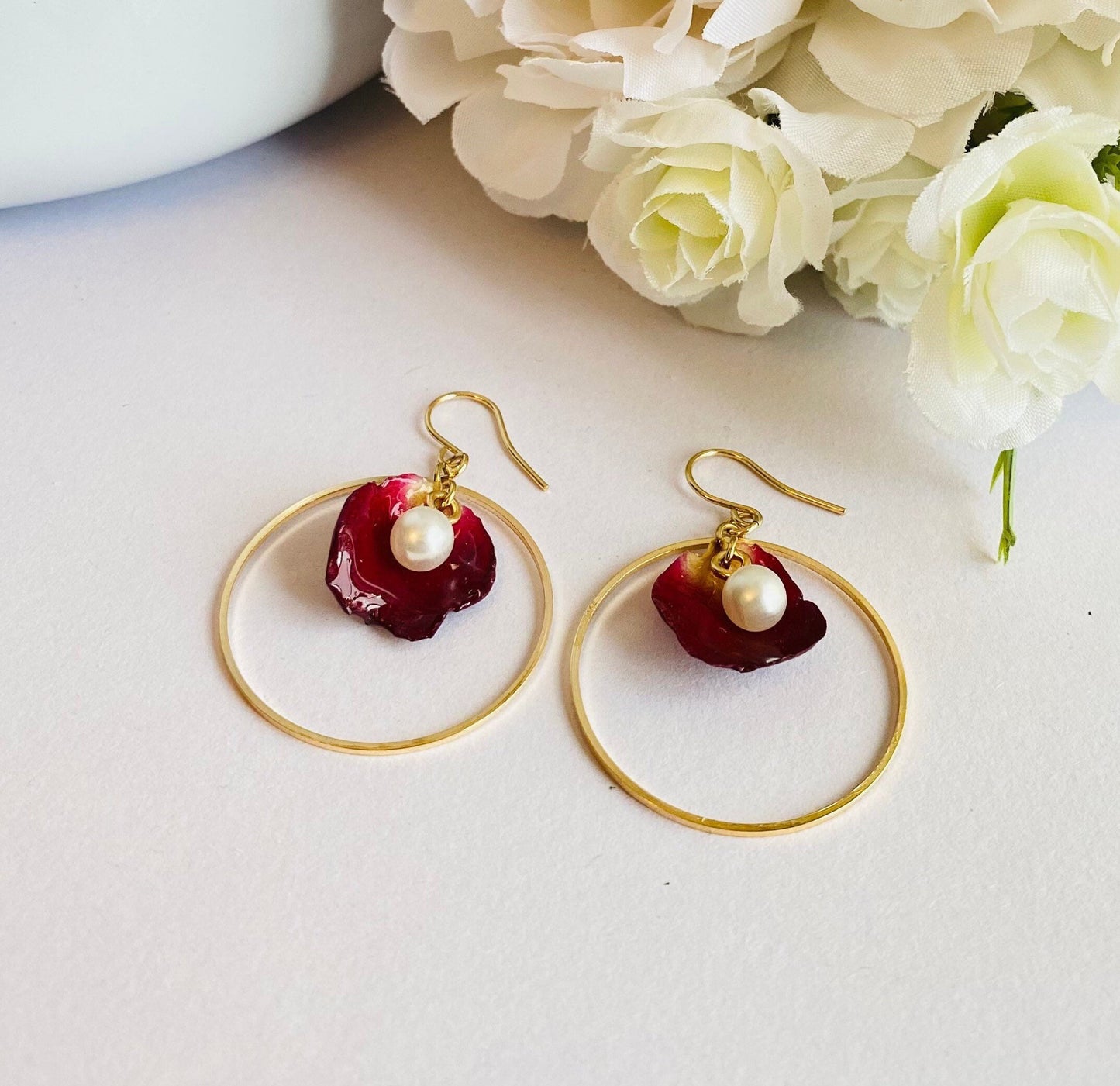 Real Flower｜Handmade Rose Peta Earrings l Real Dried Flower Circle Earring | Resin Floral Jewelry | Bridal Jewel Gifts For Her