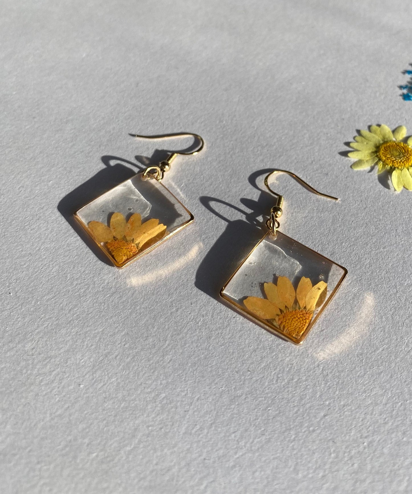 Blue and Yellow Daisy Floral Gold Earrings | Real Pressed Flower Jewelry | Margaret Handmade Dried Flower Resin Earrings |