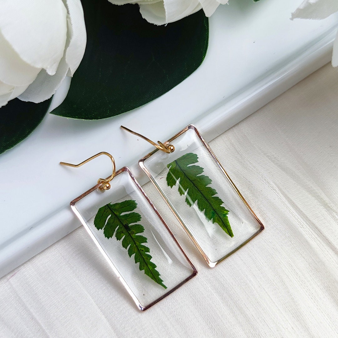 Handmade Green Leaves Resin Earrings | Real Dried Fern Leave Jewelry  | Daily Wear Finding | Personalized Gift For Women