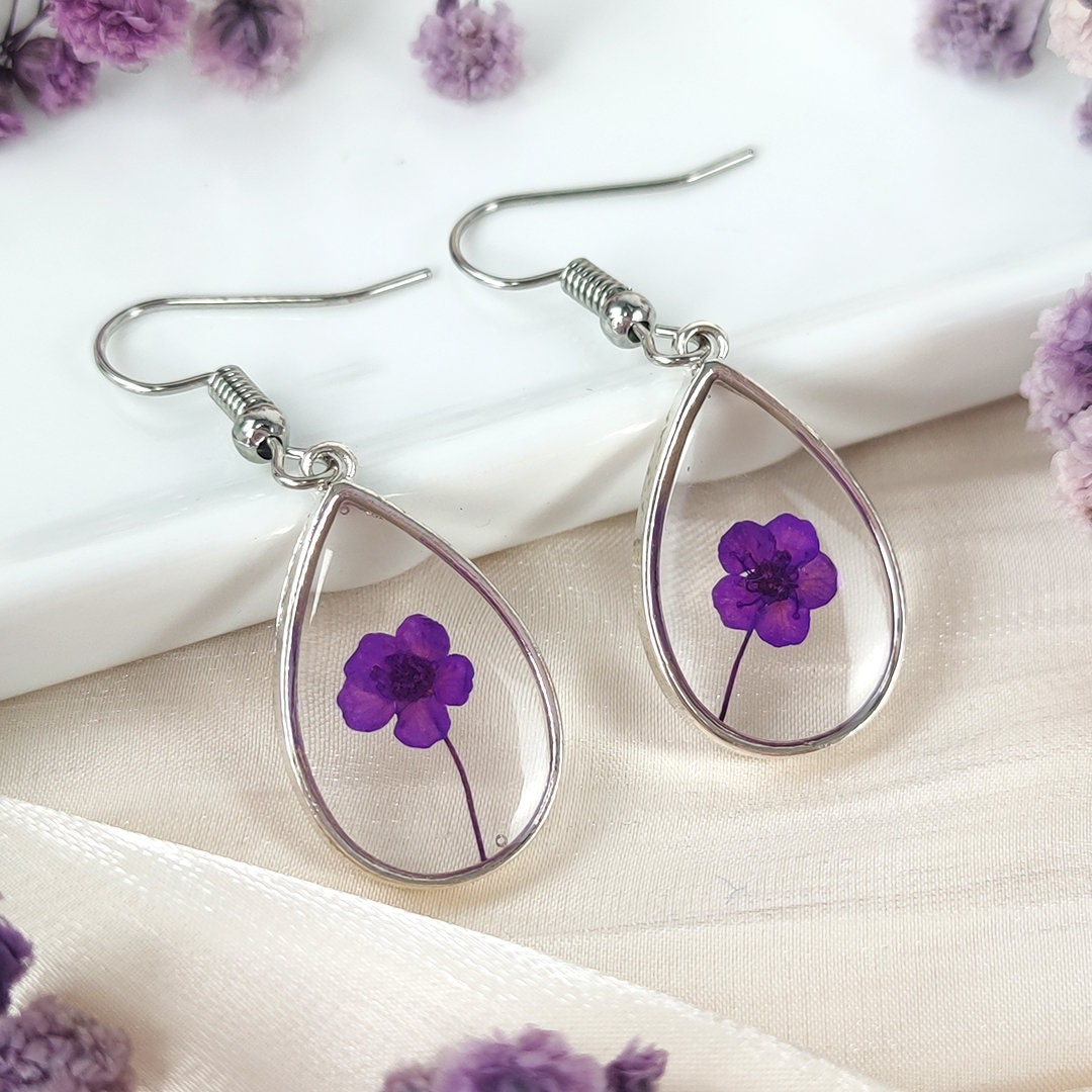 July  Birth Flower Earring | Dried Pressed Flowers  Jewelry| Handmade Purple Narcissus |Resin Flower Earrings  |  Gift For Girls