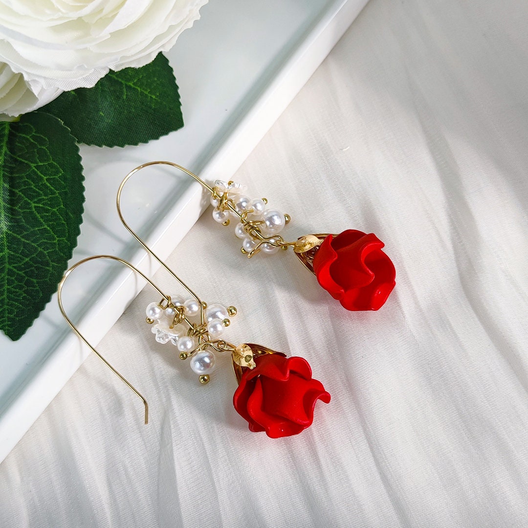 Pearl Drop Earrings | dried rose petals | Junior Bridesmaid Gift | Handmade Jewelry