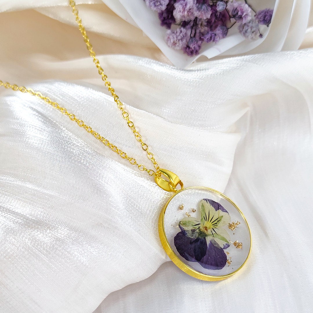 Birth flower Necklace of February |Dry Violets|Handmade Pressed Flower Necklace| Personalized Gifts For Mom|