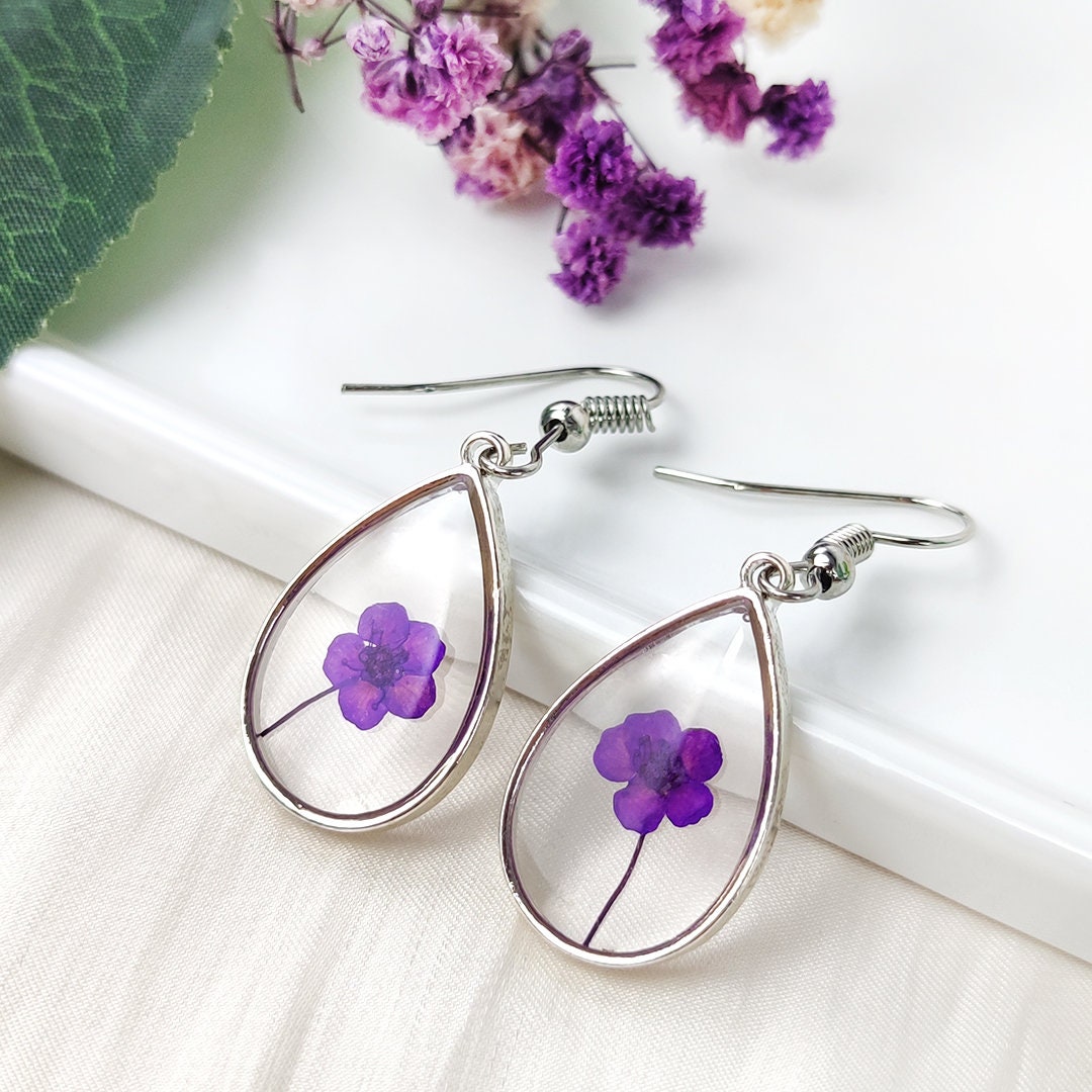 Handmade Cute Floral Earrings | Real Purple Pressed Flowers Teardrop Oval Earrings | Resin Jewelry