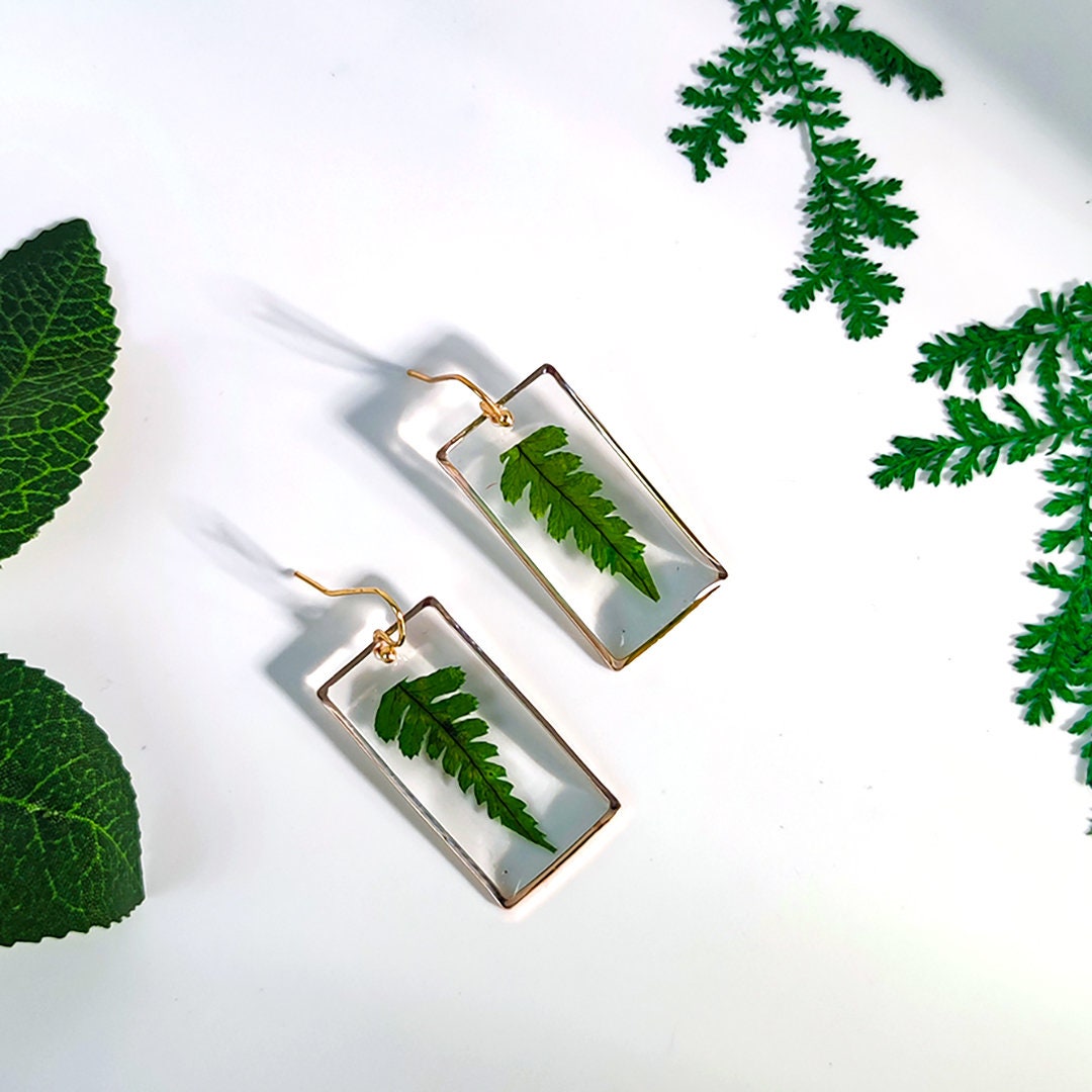 Handmade Green Leaves Resin Earrings | Real Dried Fern Leave Jewelry  | Daily Wear Finding | Personalized Gift For Women