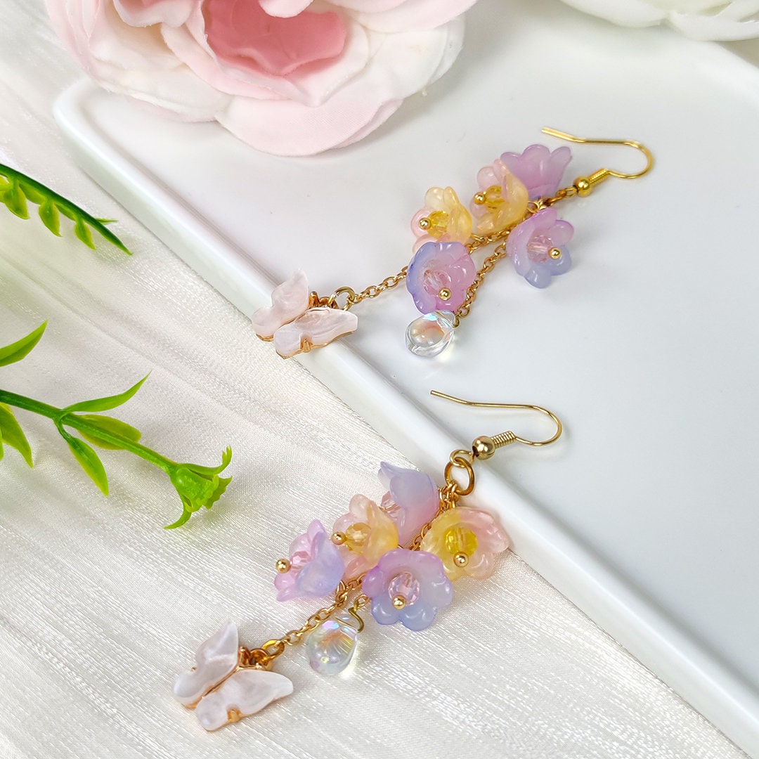 Handmade Colorful Lily of The Valley Earrings |  Shrink Flower Bouquet  Waterdrop Jewelry | White Butterfly Tassel Resin Earrings
