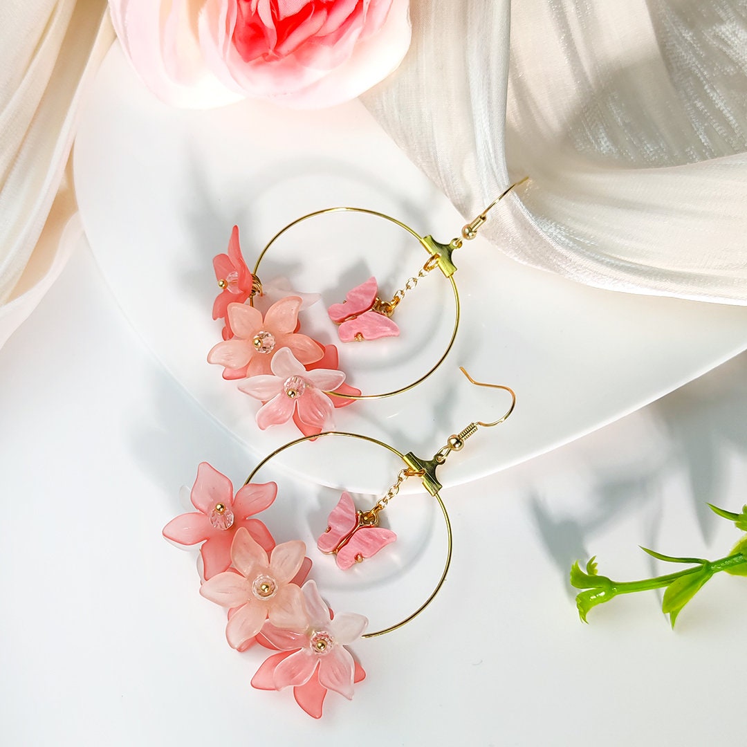 Handmade Colorful Five Petal Flower Earrings | Acrylic Flower Bouquet Jewelry |  Pink Butterfly Circle Earring | Fashion jewelry For Woman