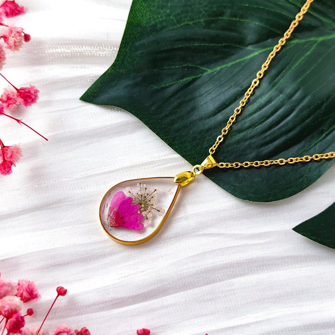 Handmade Pressed Flower Water Drop Necklace |Rose Red Daisy  Flowers |  Blue Lobelia Flowers | Resin Jewelry for women