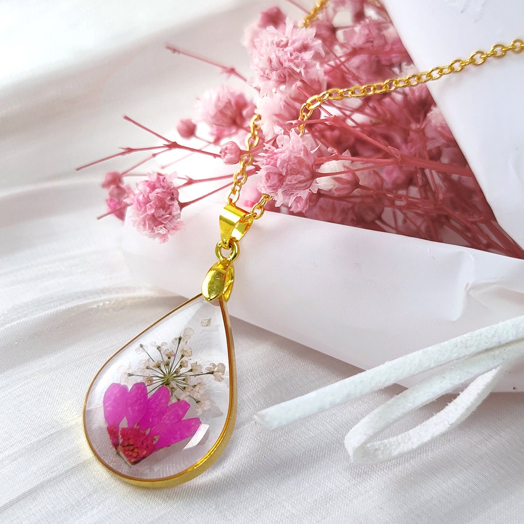 Handmade Pressed Flower Water Drop Necklace |Rose Red Daisy  Flowers |  Blue Lobelia Flowers | Resin Jewelry for women
