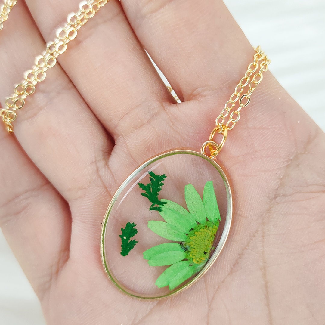Three Colors Chrysanthemum oval shape Necklace |White Green and Pink | Handmade Pressed Flower Jewelry | Mom and Sister Gifts