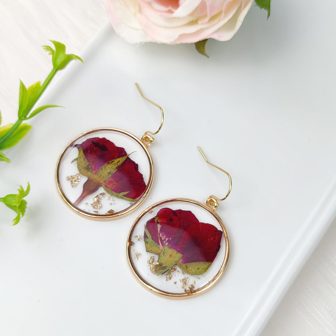 Handmade Resin Rose Earrings | Real Pressed Flower Earring Dangle Earring for Mom | Korea Fasion